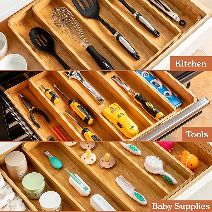 SMIRLY Silverware Drawer Organizer – Bamboo Kitchen Drawer Organizer, Adjustable Utensil Holder and Cutlery Tray, Drawer Dividers for Flatware and Kitchen Utensils