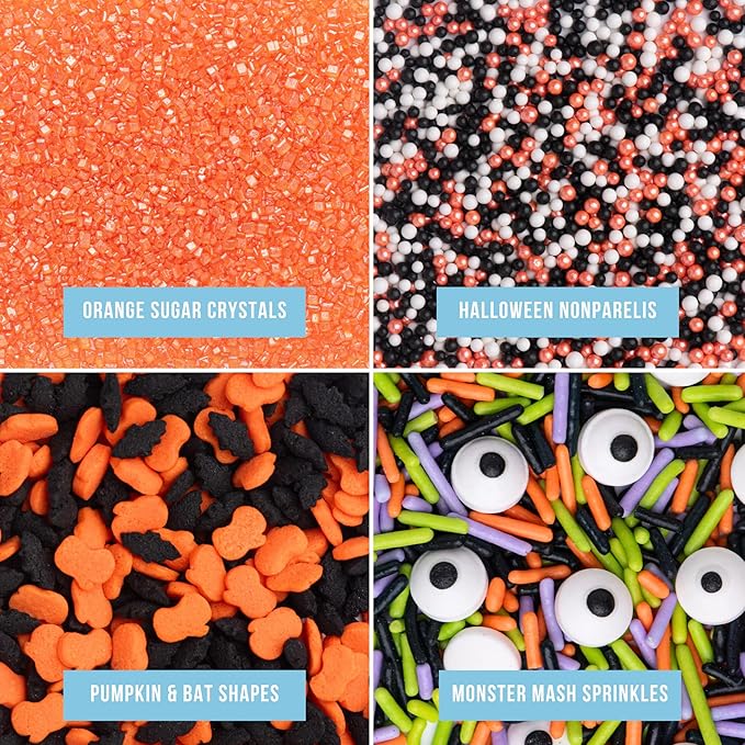 Sweets Indeed Halloween Sprinkles 4-Pack – 11.57 oz Jar Set | Candy Eyeball Mix, Bat & Pumpkin Quin Mix, Orange Sanding Sugar & Black/White/Orange Nonpareils | Cupcake & Cookie Decorations