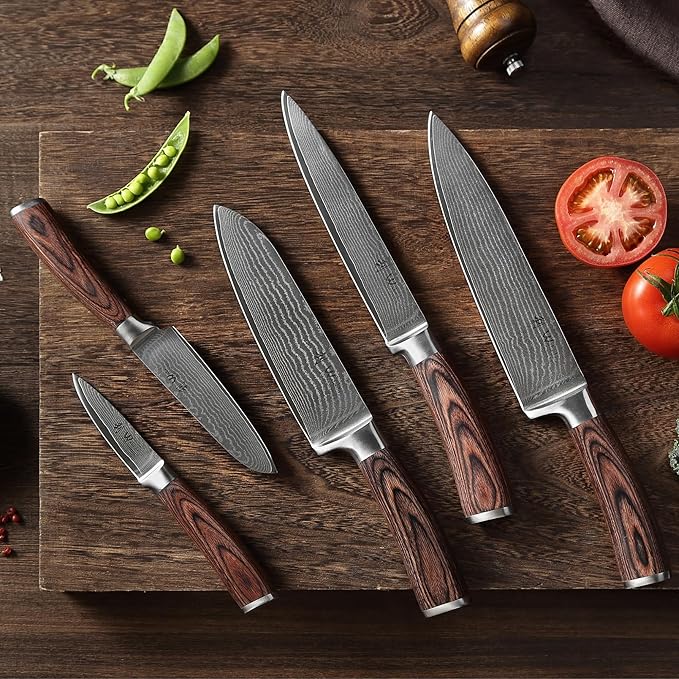 Wakoli EDIB 5-Piece Damascus Knife Set – Professional Kitchen Knives | Genuine Damascus Steel Blades with VG10 Core | Ergonomic Pakkawood Handles | Premium Chef Knife Set