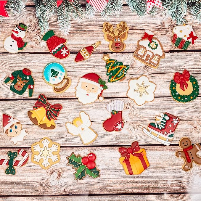 Flycalf Christmas Cookie Cutters for Kids Baking, with Stamper Stencil 3D Cake Decorating Pastry Kitchen Mold Supplies, Christmas Shapes Holiday Birthday Party Biscuit Fondant Tools