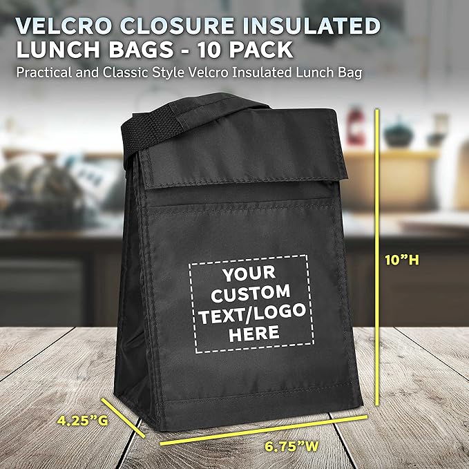 DISCOUNT PROMOS 10 Hook and Loop Insulated Lunch Bags Set - Customizable Text, Logo - Polyester, Durable, Vibrant, Reusable - Black