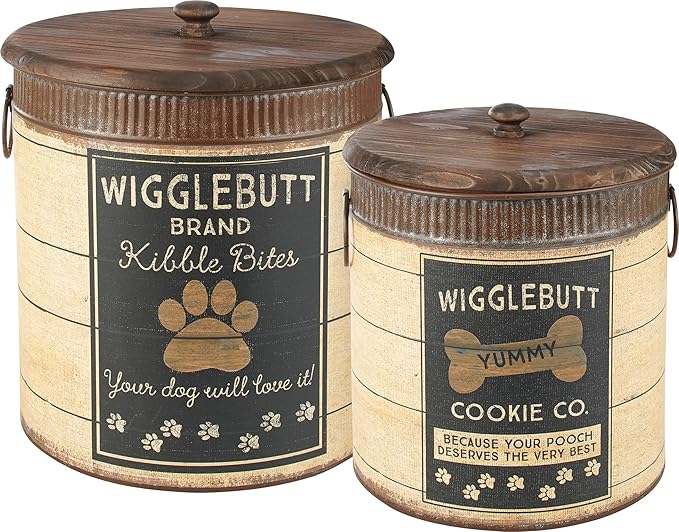 Primitives by Kathy Rustic Pet Tin Bins - Dog Food & Toy Storage Set, 'Toys & Beware of Wigglebutts' Themed Containers