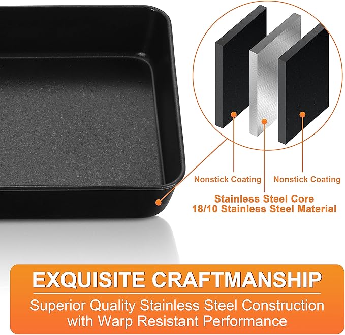 Herogo 9 x 9 Baking Pan Set of 2, Black Stainless Steel Square Cake Pan for Lasagna Brownies Casseroles Cakes, Non-Stick & Oven Safe