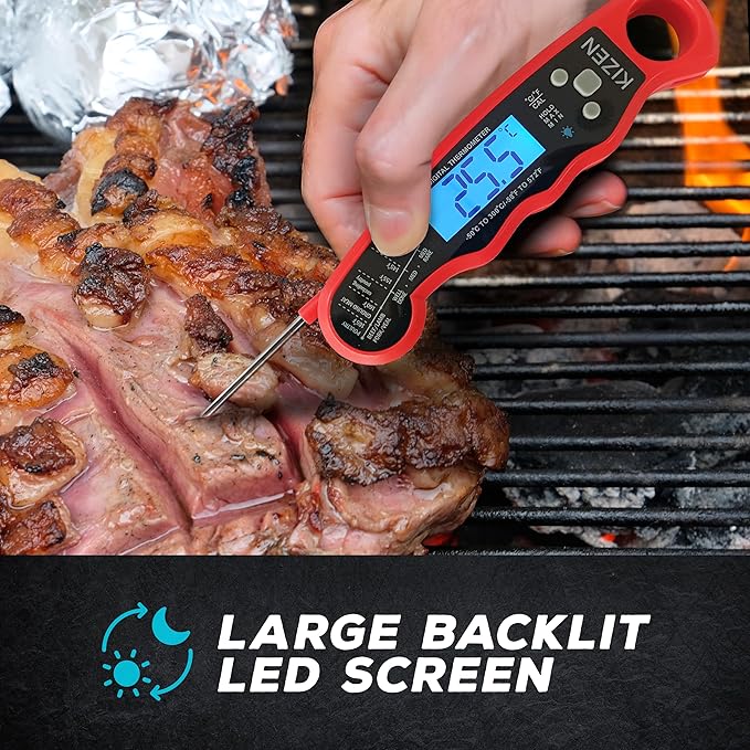 KIZEN Instant Read Meat Thermometer Digital - Food Thermometer for Cooking, Grill, Oven, BBQ - IP67 Rated Waterproof - Large Backlit Display and Magnetic Back