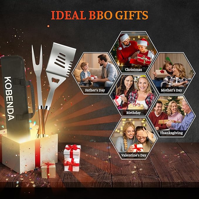 BBQ Grill Tools Set, Stainless Steel Grilling Set with Storage Bag, Spatula, Fork, Cleaning Brush Grill Set, Grill Accessories for Outdoor Cooking Camping, Grilling Gifts for Men