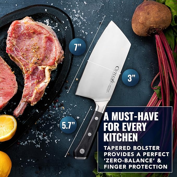 Cutluxe Meat Cleaver Knife - 7" Heavy Cleaver Butcher Knife, Razor Sharp German Steel Blade, Full Tang, Ergonomic Handle Design – Artisan Series