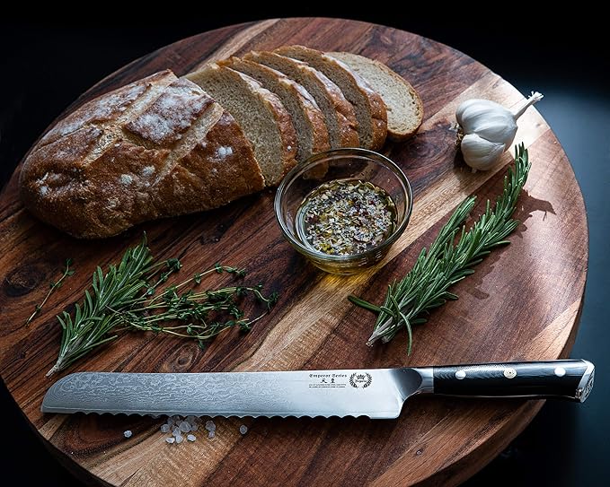 Regalia Bread Knife 10 inch: Professional Serrated Japanese AUS-10 67-Layer Damascus steel ultra sharp blade w/G-10 Ergonomic handle