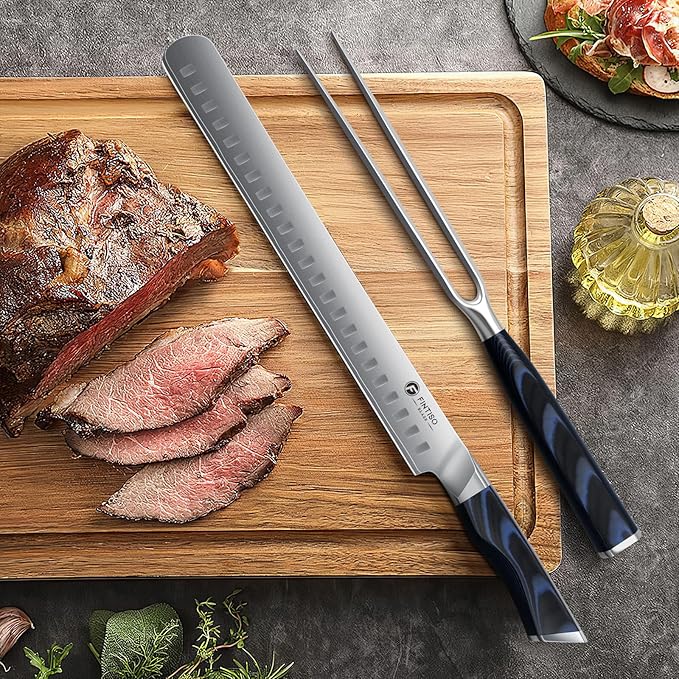FINTISO BBQ Carving Knife Set, Brisket Slicing Knife and Fork Set, Japanese High Carbon Steel Slicing Knives with G10 Handle, Full Tang Ultra Sharp Meat Cleaver