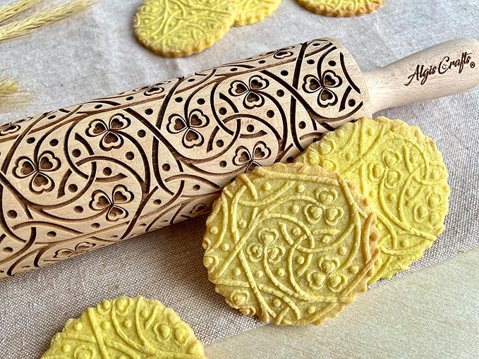CLOVER TALE EMBOSSING ROLLING PIN WOODEN LASER ENGRAVED DOUGH ROLLER with IRISH PATTERN for EMBOSSED COOKIES SAINT PATRIC'S DAY GIFT