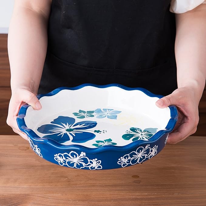 Pie Pan Ceramic Pie Plate, 9 inch Deep Dish Pie Pans, Nonstick Pie Pans for Baking, Blue and White Floral Pie Dish For Kitchen