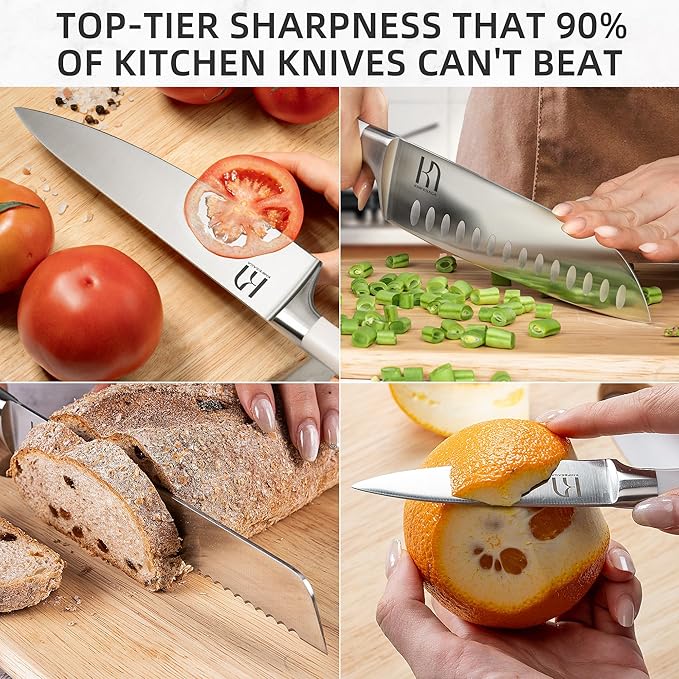 Knife Set, Premium 15 Piece Japanese High Carbon Stainless Steel Knives Set for Kitchen with Block and Sharpener, Razor Sharp Kitchen Knife Block Sets with Ergonomic Full-tang Handle, White