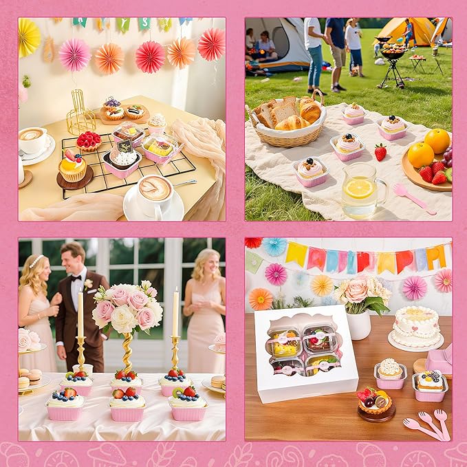 50 Pcs Mini Cake Pans with Lids and Spoons Aluminum Foil Mini Square Baking Cups with Lids Disposable Ramekins Cake Pans Dessert Cups for Wedding Birthday Party(Pink,5oz)