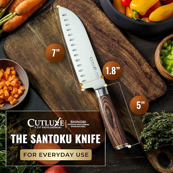 Cutluxe Santoku Knife – Ultra Sharp 7 Inch Vegetable Japanese Knife for Chopping, High Carbon Stainless Steel Blade, Full Tang Pakkawood Handle – Shinobi Series
