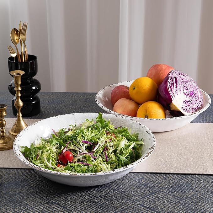 Melamine Large Serving Bowls Set of 2, 13.75" and 130 OZ Farmhouse BPA Free Salad, Pasta and Mixing Serving Bowls, Large Bowls Set for Serving Food, Durable and Dishwasher Safe, Ivory
