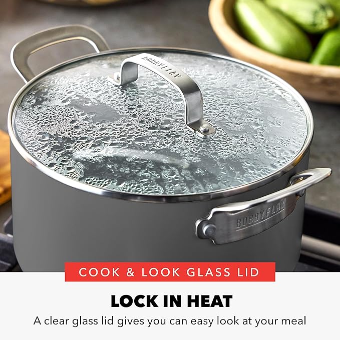 GreenPan x Bobby Flay 6QT Stockpot with Glass Lid, PFAS-Free Diamond Ceramic Nonstick Pot, Induction Suitable, Easy Clean Dishwasher & Oven Safe, Quick Heating, Pasta, Soups, Graphite