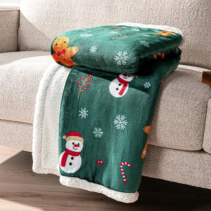 PAVILIA Premium Christmas Sherpa Throw Blanket | Christmas Decoration Gift, Fleece, Plush, Warm, Cozy Reversible Microfiber Holiday Blanket | Green Gingerbread - 60x80 Twin