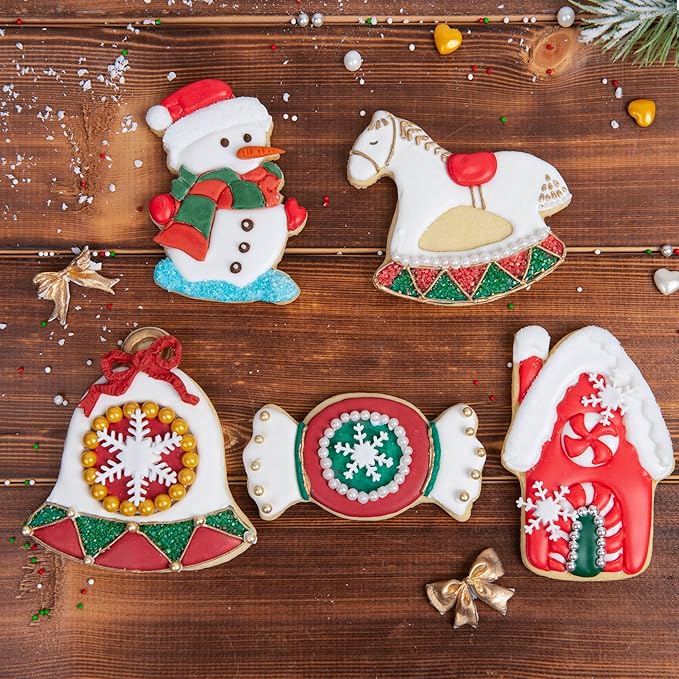 Flycalf Christmas Cookie Cutters with Plunger Stamps Gingerbread House Shapes Fall Holiday PLA Baking Accessories Cutter Molds Gifts for Kids Decorative Party 3.5" Kitchen Cake Supplies