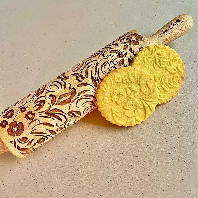 Embossing Rolling Pin VERONICA with Elegant Bloom Pattern – Dough and Clay Roller for Embossed Cookies and Pottery - Cookie and Ceramic Stamp - Baking Gifts for Women by Algis Crafts
