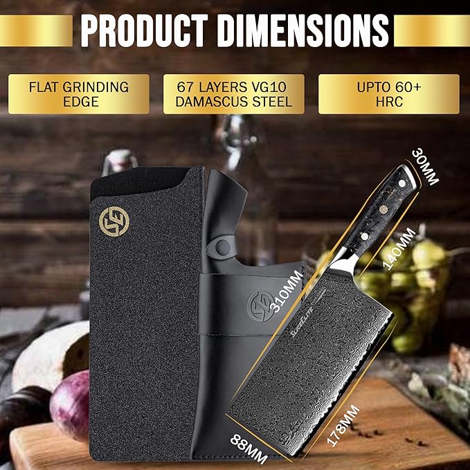 SliceElite Elite Series 7 Inch Meat Cleaver Knife Damascus VG10 Core Forged Carbon Fiber Handle Heavy Duty Chopper Sharp Kitchen Butcher Bone Cutter Vegetable Fruit Chef Tool Dual Protection Gift