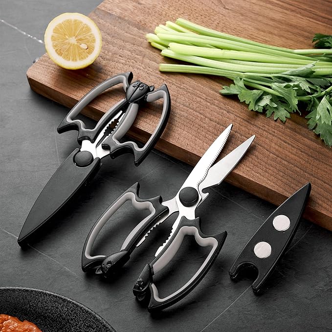 Magnetic Kitchen Scissors All Purpose 2 Pack - Halloween Bat Kitchen Shears - Heavy Duty Stainless Steel Cooking Shears for Cutting Meat, Food, Poultry - Featuring a Magnetic Protective Sheath