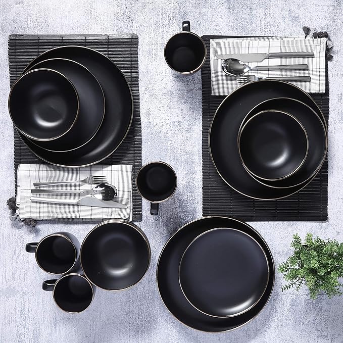 Gibson Home Rockaway Round Stoneware Dinnerware Set, Service for 4 (16pcs), Black/Gold Rim