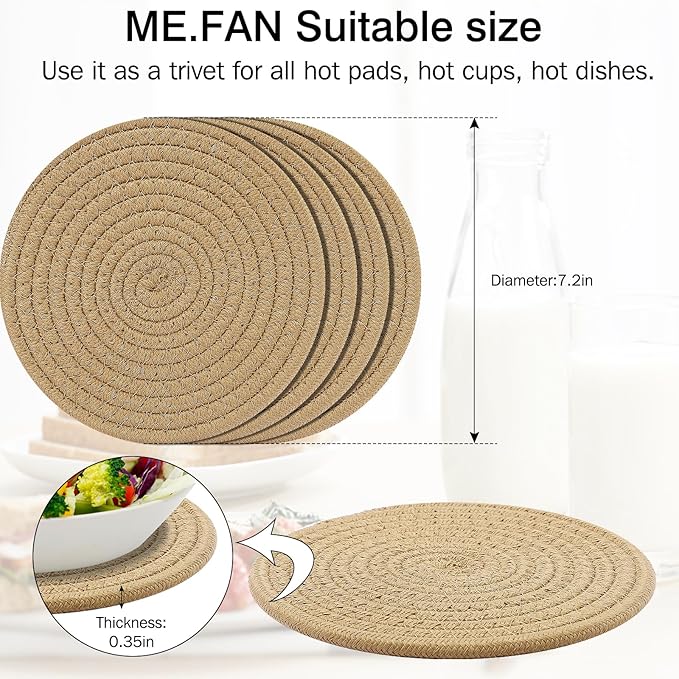 ME.FAN 7 Inch Trivets/Potholders 4 Set Cotton Thread Weave Trivets for Pots and Pans - Large Coasters/Hot Pads to Protect Desktop & Countertop - Brown