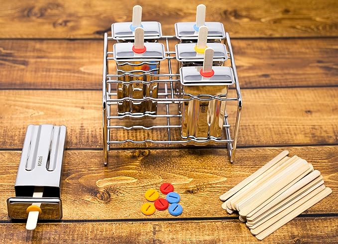Ecozoi Stainless Steel Popsicle Molds and Rack - 6 Square Ice Pop Makers + 30 Reusable Bamboo Sticks + 12 Silicone Seals + 1 Cleaning Brush +1 Rack