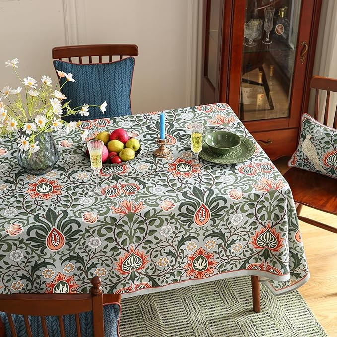 ISAENNE Designer Bohemian Linen Green Long Tablecloth Rectangle,Floral Indoor Table Cloth,Stain Resistant Decor Tablecloths for Dining Thanksgiving Kitchen Party Christmas,63"*94"-Naples