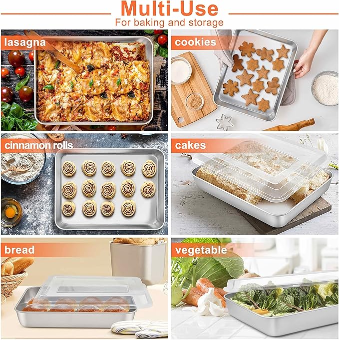 Herogo 10.5" x 8" x 2" Deep Baking Pan Set of 2, Stainless Steel Rectangle Sheet Cake Pan for Lasagna Brownies Casseroles Cakes, Dishwasher Safe & Durable