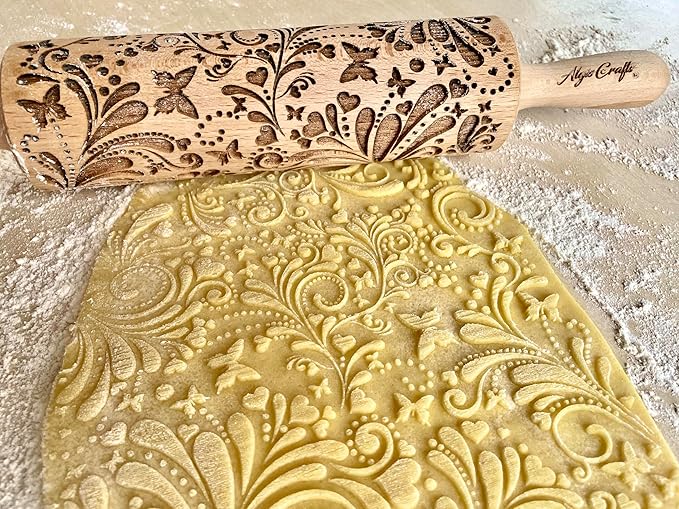 ROLLING PIN SPRING WOODDEN EMBOSSING ROLLING PIN with BUTTERFLIES and FLOWERS EMBOSSED COOKIES GIFT FOR MOTHER FRIEND