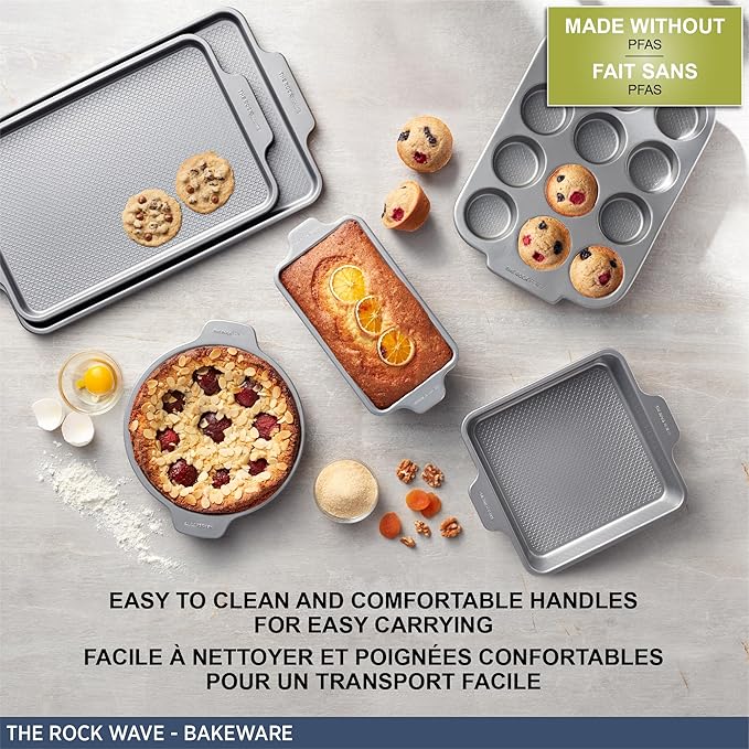 Starfrit The Rock Wave 28x44.5cm (11"x17.5") Non-Stick Large Cookie Sheet - Durable Carbon Steel - Oven Safe - PFOA Free - Easy to Clean - Grey