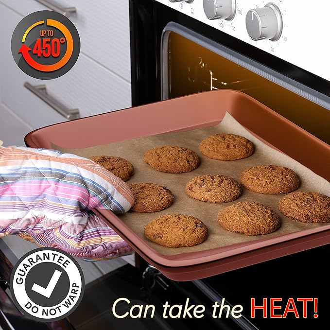 NutriChef 2-Piece Nonstick Cookie Sheets for Baking - Premium Medium & Large Size Baking Sheet Set - Thick Carbon Steel Bakeware Trays - Dishwasher Safe, Rose Gold