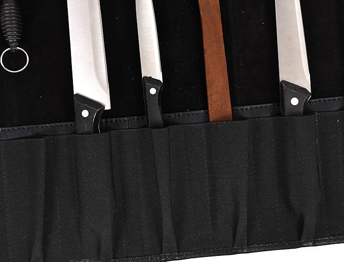 Leather Knife Roll Storage Bag, Elastic and Expandable 10 Pockets, Adjustable/Detachable Shoulder Strap, Travel-Friendly Chef Knife Case (Cerulean Black, Leather)