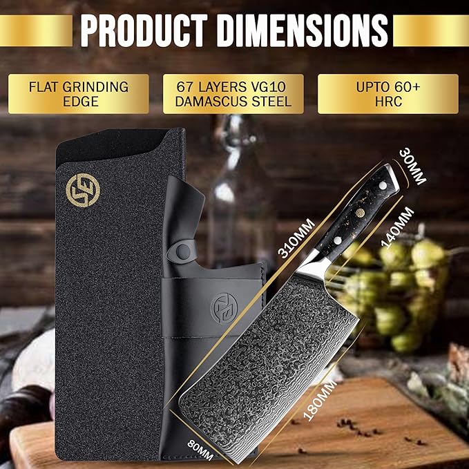 SliceElite Elite Series 7-Inch Damascus Bone Cutting Knife – VG10 Steel Blade with Forged Carbon Fiber Handle Infused with Gold Leaf, Sheaths Option (Bone Cutting Knife with Leather Sheath)