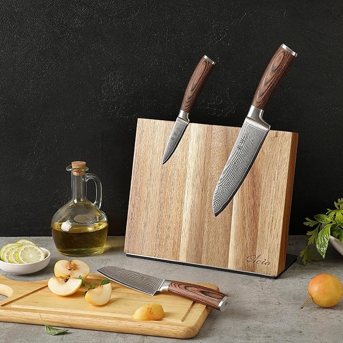 Wakoli EDIB 3-Piece Damascus Knife Set with Magnetic Knife Block | Professional Chef Knives with 3.4" - 6.7" Blades, 67-Layer Damascus Steel, VG10 Core, Pakkawood Handles | Premium Kitchen Knife Set