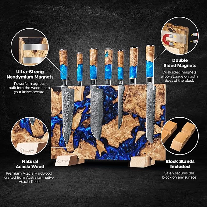 SENKEN "Dark Tsunami" Extra Large Magnetic Knife Block - Holds Up to 16 Knives - Knife Block without Knives, Beautiful Dark Blue Resin & Burl Wood Blend Knife Holder ("Dark Tsunami " Blue Resin Blend)