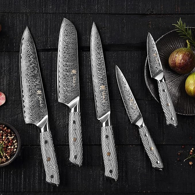 Wakoli Damascus Knife Block Set – 5-Piece Professional Chef Knife Collection with Magnetic Block | Genuine 67-Layer Damascus Steel Blades with VG10 Core | Ergonomic G10 Handles (Noir Blanc)