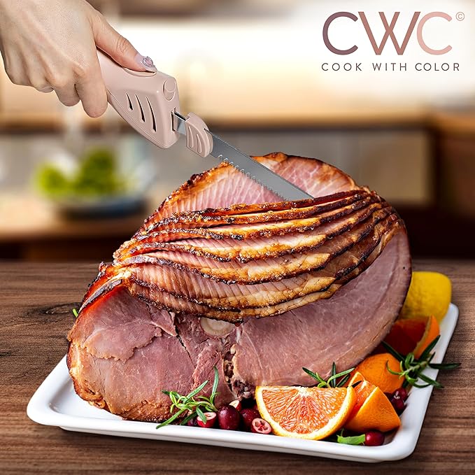 COOK WITH COLOR Electric Knife, 100W Power, Dual Stainless Steel Blades for Precise Cutting, Ergonomic Handle, Low Noise and Vibration, Ideal for Bread, Meat, and Vegetables, Blush