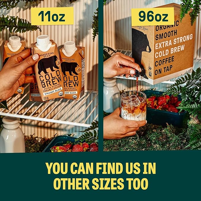 Wandering Bear Straight Black Organic Cold Brew Coffee - Extra Strong, Bold, Smooth, Unsweetened, Shelf-Stable, Ready to Drink, 100% Organic Iced Cold Brewed Coffee Drink - 32 fl oz, 6 pack