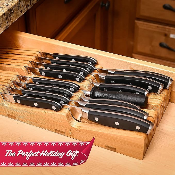 Homemaid Living In Drawer Knife Block Bamboo, Holds 16 Knives + Knife Sharpener Slot, Knife Organizer for Kitchen Drawer, Knife Drawer Organizer, Drawer Insert, Drawer Knife Holder (2" tall, 17" deep)