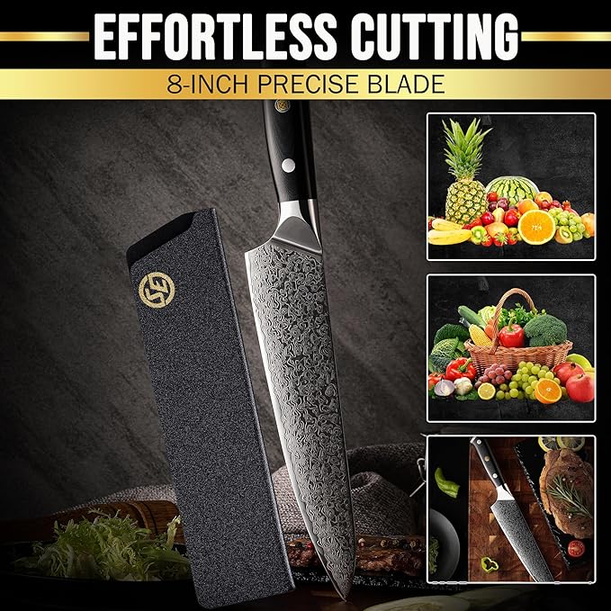 SliceElite Elite Series 8 Inch Chef Knife VG10 Damascus Steel Forged G10 Handle Sharp Kitchen Vegetable Meat Chopper Cutting Cooking Carving Precision Cleaver BBQ Fruit Professional Gift Blade Tool
