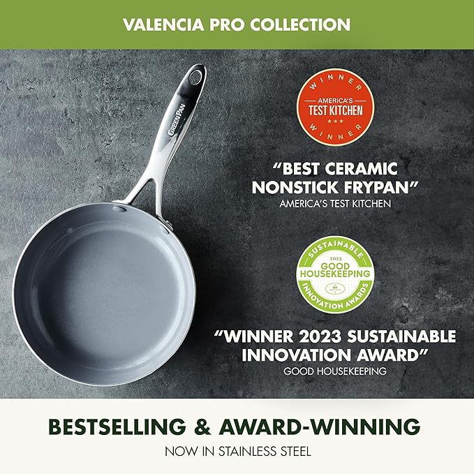 GreenPan Valencia Pro Stainless Steel 8” Frying Pan Skillet, Induction Suitable Mirrored Tri-Ply, Ceramic Nonstick PFAS-Free, Multi Clad Cookware, Dishwasher Oven & Broiler Safe