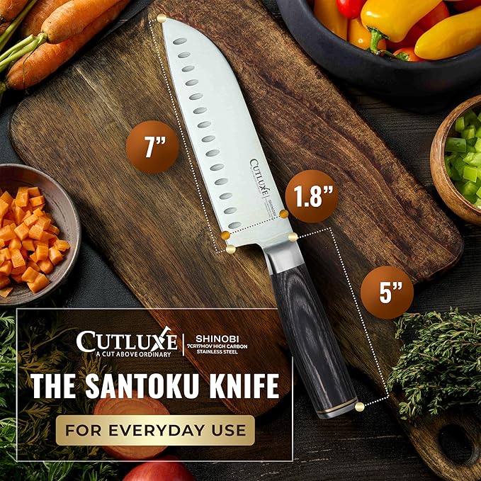 Cutluxe Santoku Knife – Ultra Sharp 7 Inch Vegetable Japanese Knife for Chopping, High Carbon Stainless Steel Blade, Full Tang Pakkawood Handle – Shinobi Series