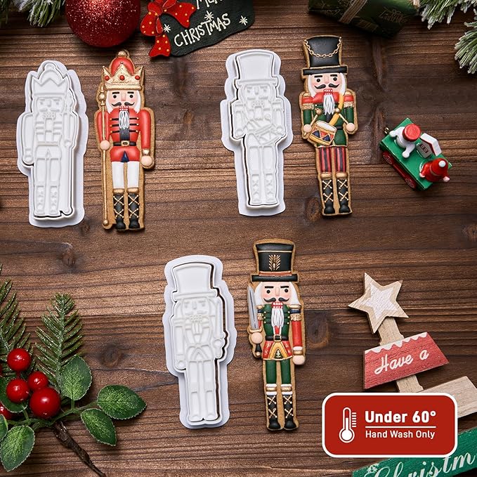 Flycalf Christmas Cookie Cutters Nutcracker Set of 3 with 3D Stamper Holiday Baking Accessories Cutter Molds Gifts for Kids Decorative Party 3.5" Kitchen Cake Supplies