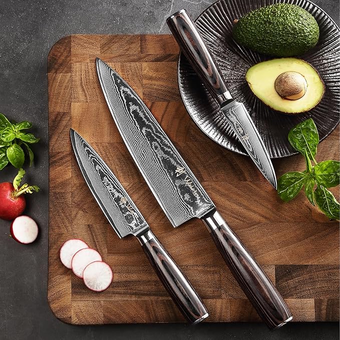 Wakoli ESE 3-Piece Damascus Knife Set – Professional Chef’s Knives | 67-Layer VG10 Core Steel | Ergonomic Pakkawood Handles | Premium Kitchen Knives in Wooden Gift Box