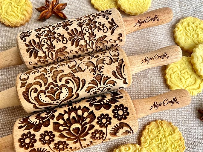 FLOWERS 3 Kid Rolling Pin Set with Damask, Folk and Floral Wreath Patterns. Wooden Laser Cut Mini Rolling Pins for Cookies, Play Dough, Salt Dough or Clay by Algis Crafts
