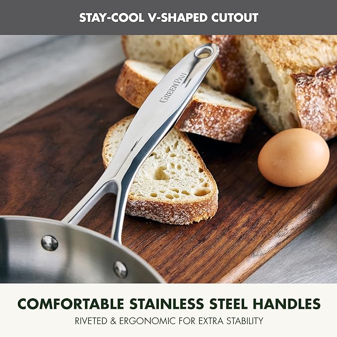 GreenPan Valencia Tri-Ply Stainless Steel 10 Piece Cookware Set, Induction Ready Pots & Pans, Mirror Finish, Dishwasher Safe & Oven/Broiler Safe to 600F, Compatible with All Cooktops, Silver