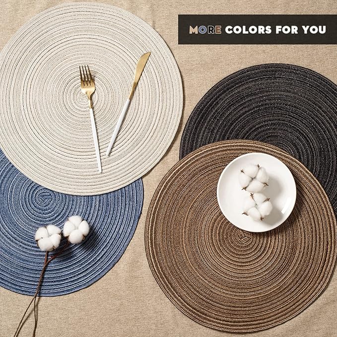 FunWheat Round Braided Placemats Set of 4 Place mats for Dining Tables Woven Heat Resistant Table Mats 15 inch for Fall(E Brown, 4pcs)