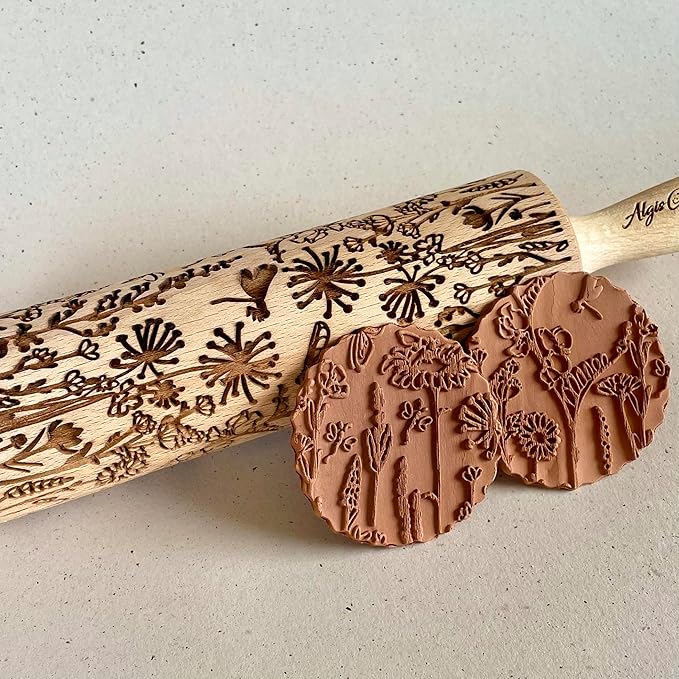MEADOW Embossing Rolling Pin. Laser Engraved Rolling Pin for Pottery and Cookies by Algis Crafts