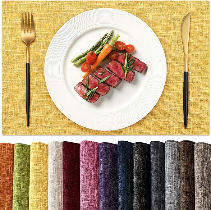 KXN Placemats Set of 6, Dual-Layer Thickened Faux Linen Table Mats, Heat Resistant & Wrinkle-Free, Machine Washable Cloth Place Mats for Kitchen Dining Indoor Outdoor (Yellow)
